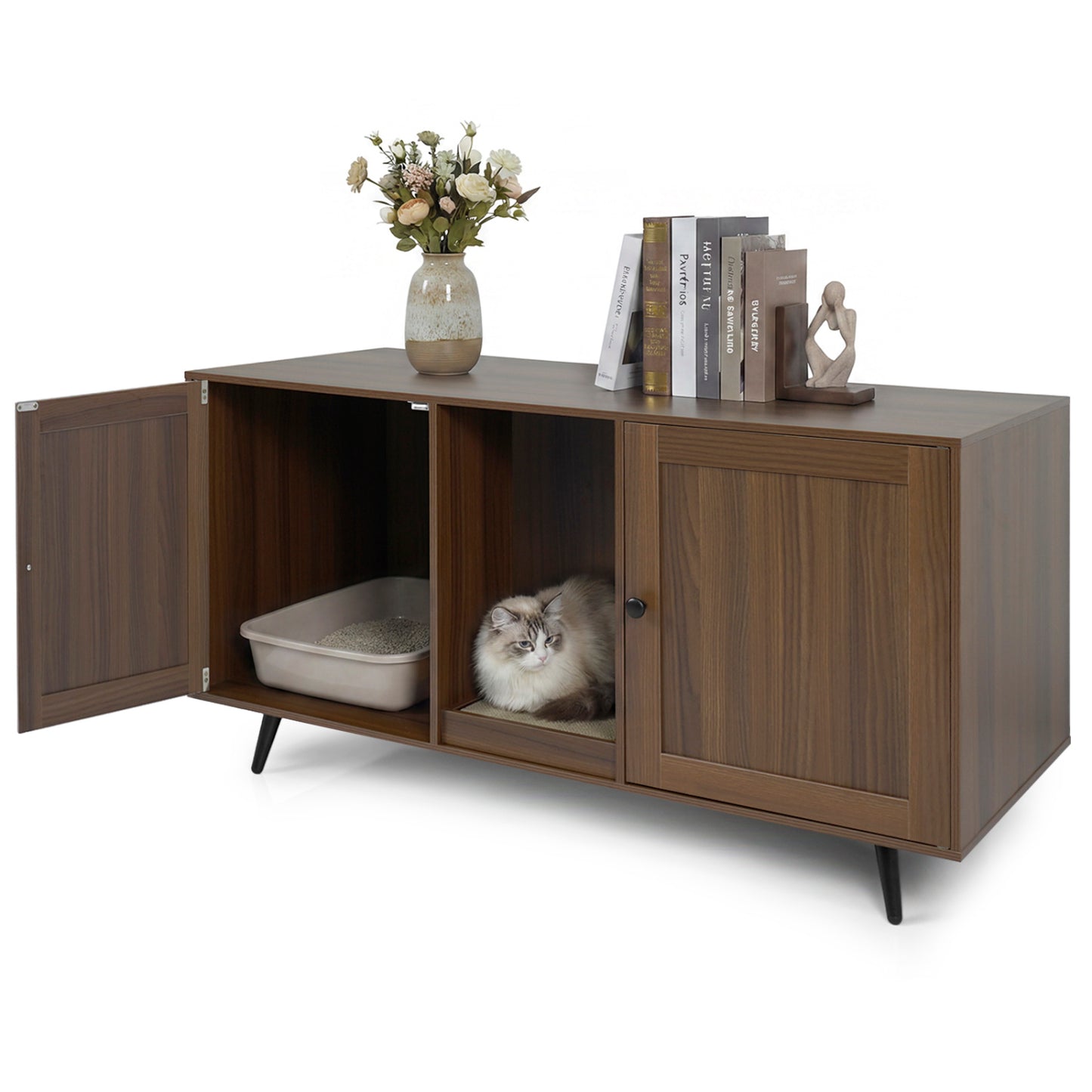 Double cat litter box enclosure with scratching pad and two rooms in walnut finish, designed for two cats, from Direct by Wilsons Home Store.