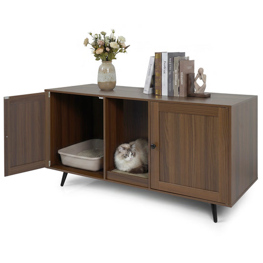 Double cat litter box enclosure with scratching pad and two rooms in walnut finish, designed for two cats, from Direct by Wilsons Home Store.