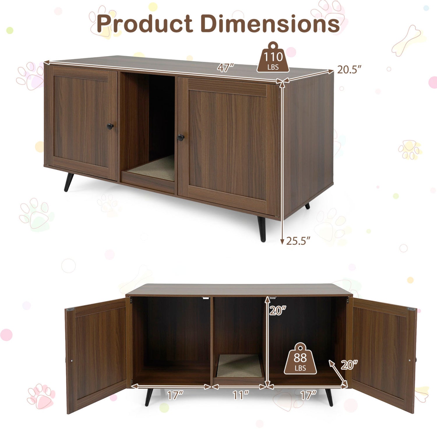 Double walnut cat litter box enclosure with two rooms and scratching pad for two cats, providing privacy and comfort.