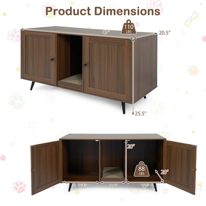 Double walnut cat litter box enclosure with two rooms and scratching pad for two cats, providing privacy and comfort.