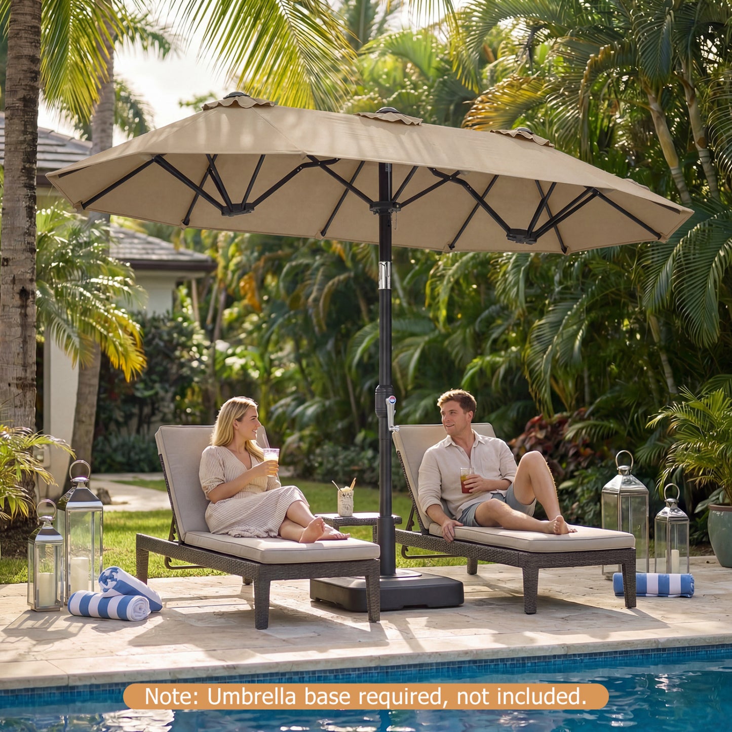 Double-Sided Patio Umbrella with Push Button Tilt Crank Handle-Beige