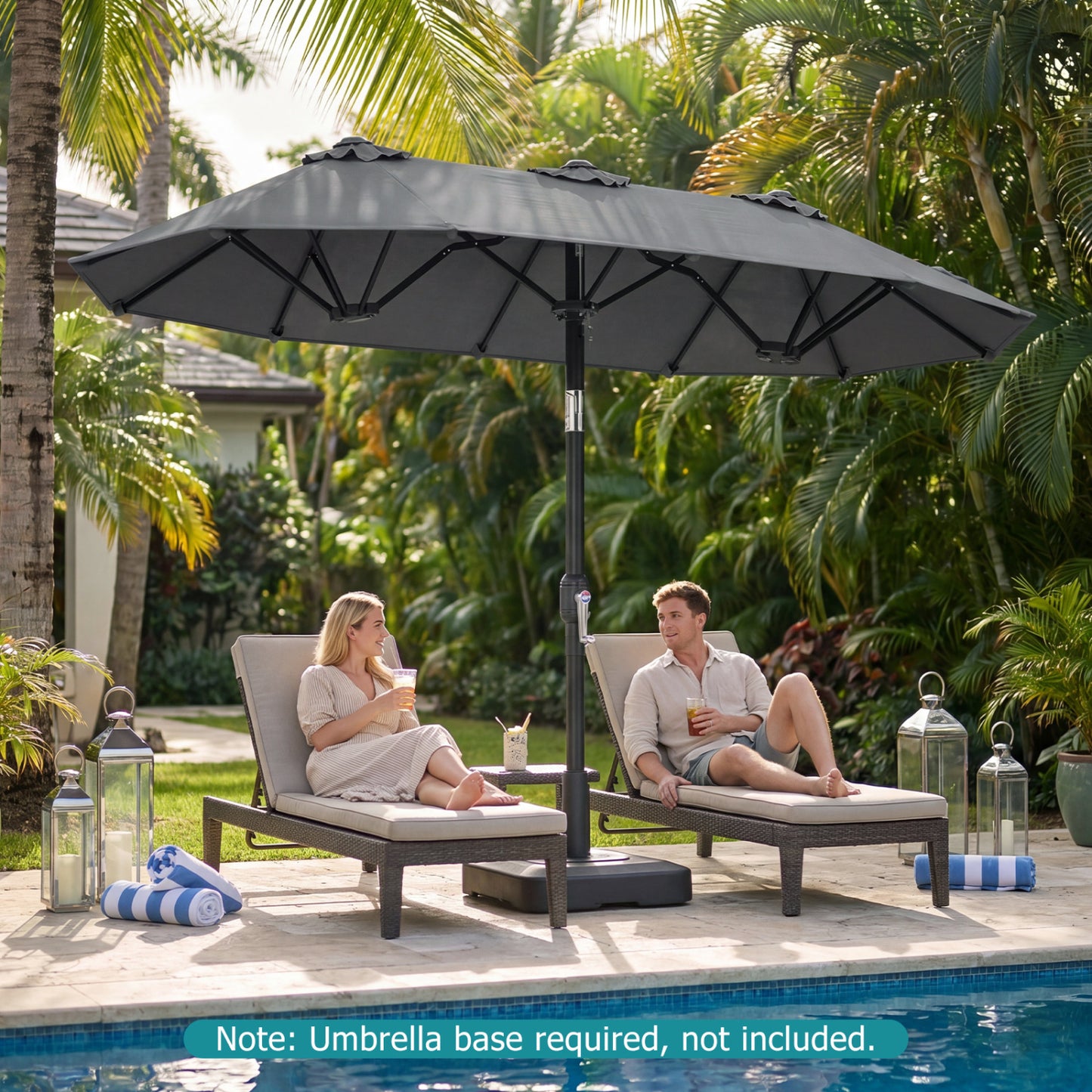 Double-Sided Patio Umbrella with Push Button Tilt Crank Handle-Beige