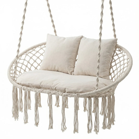 Double Swing Chair with Cushions Macrame Hanging Hammock Chair for Indoor and Outdoor Use-Beige