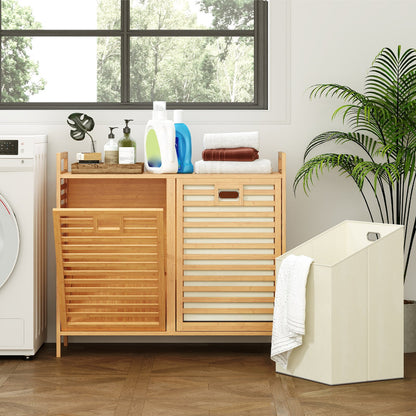 Double tilt-out laundry hamper with two removable bins in natural finish, perfect for organizing laundry in the bathroom.
