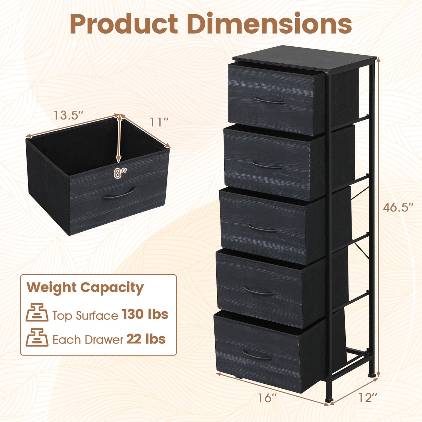 Dresser Nightstand with 5 Roomy Fabric Drawers for Bedroom-Black