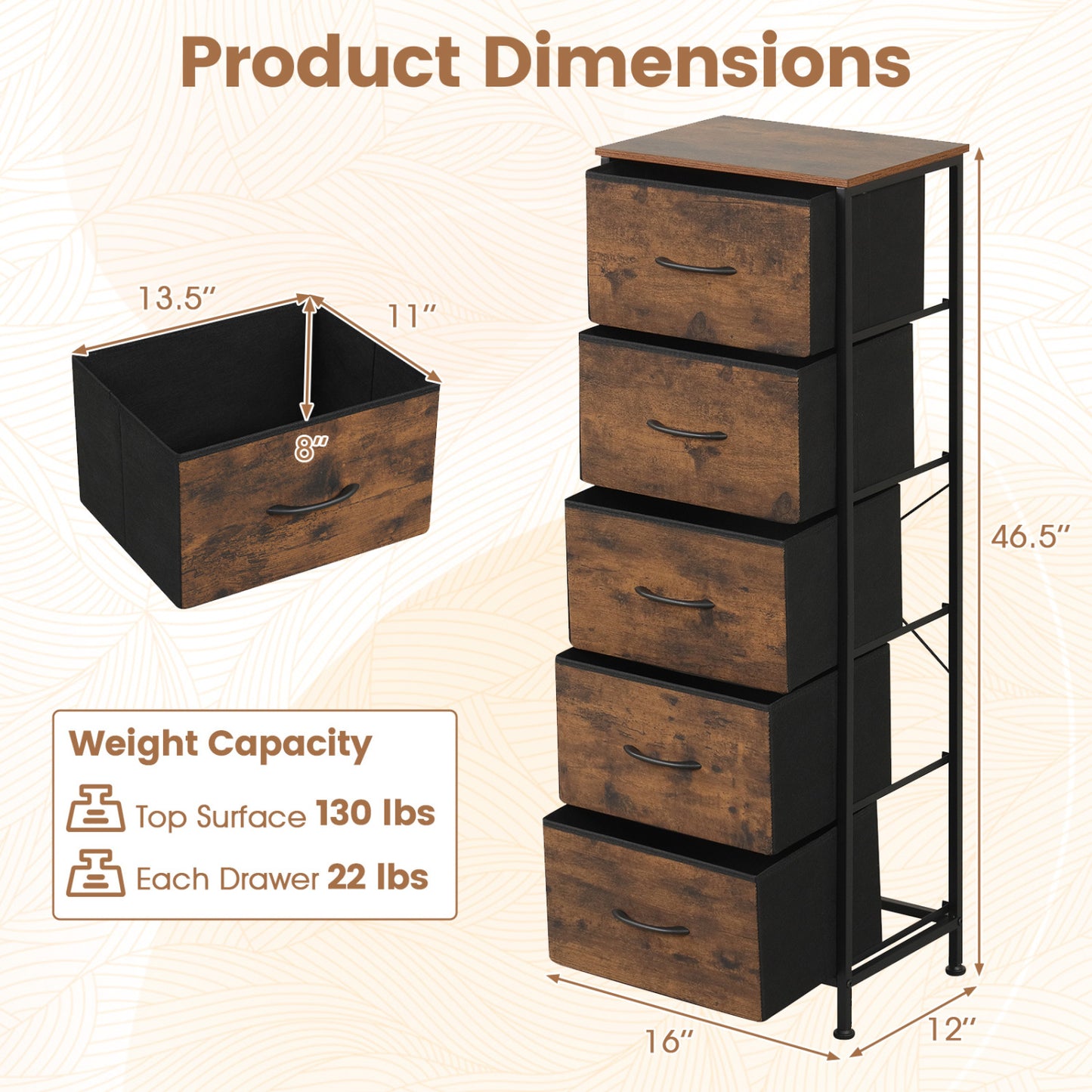 Dresser Nightstand with 5 Roomy Fabric Drawers for Bedroom-Black