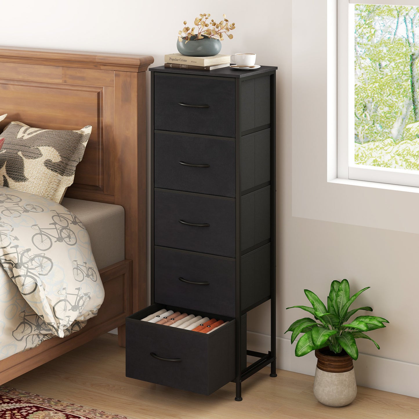 Dresser Nightstand with 5 Roomy Fabric Drawers for Bedroom-Black