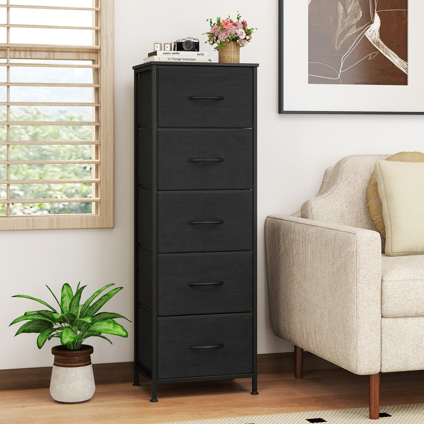 Dresser Nightstand with 5 Roomy Fabric Drawers for Bedroom-Black