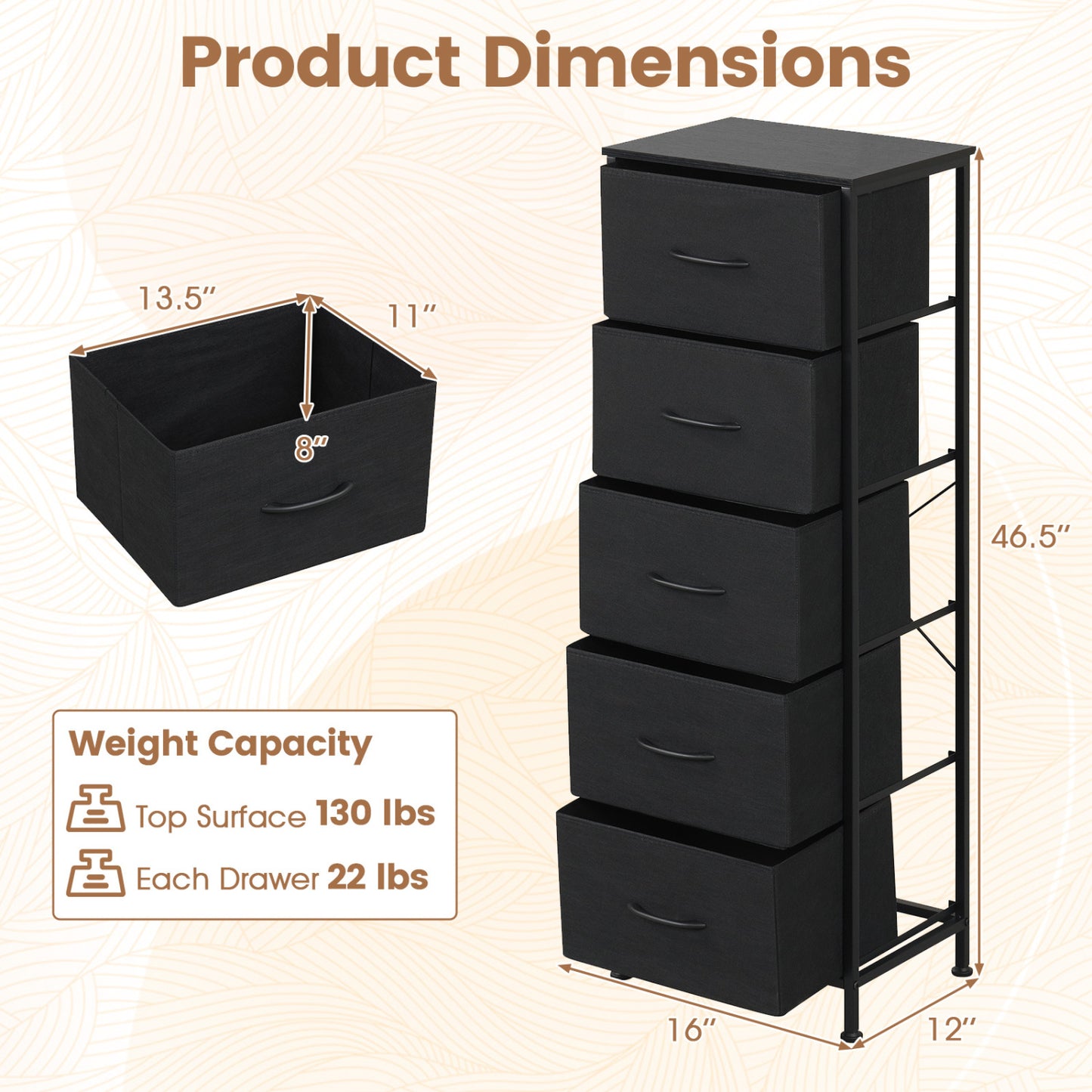 Dresser Nightstand with 5 Roomy Fabric Drawers for Bedroom-Black
