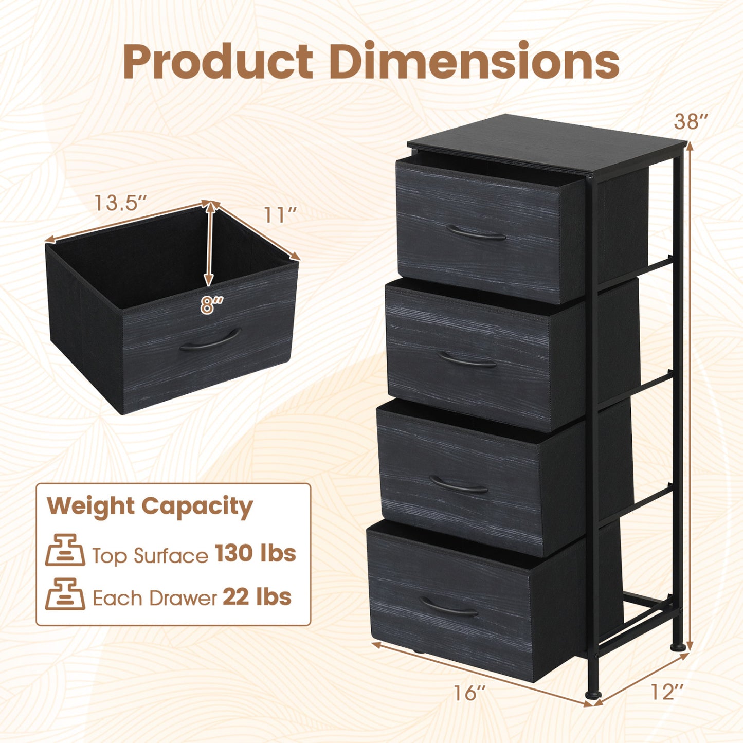 Dresser Nightstand with 4 Roomy Fabric Drawers and Metal Frame-Black