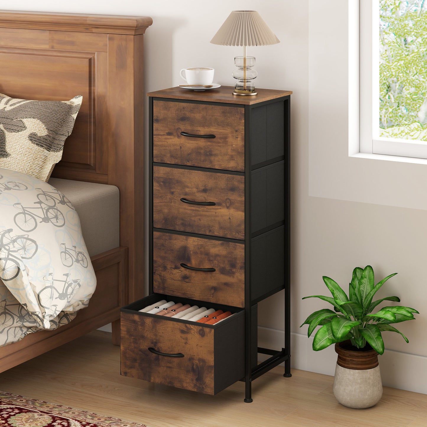 Dresser Nightstand with 4 Roomy Fabric Drawers and Metal Frame-Black