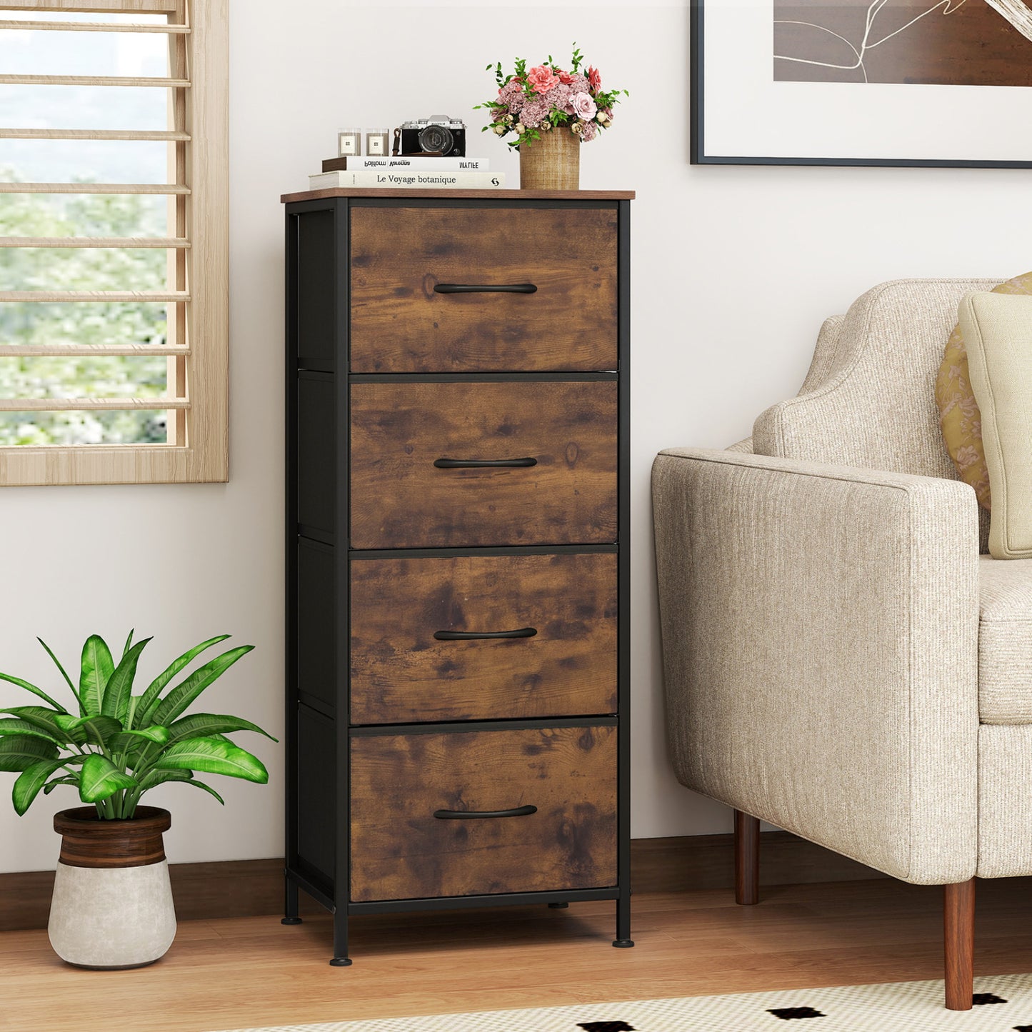 Dresser Nightstand with 4 Roomy Fabric Drawers and Metal Frame-Black