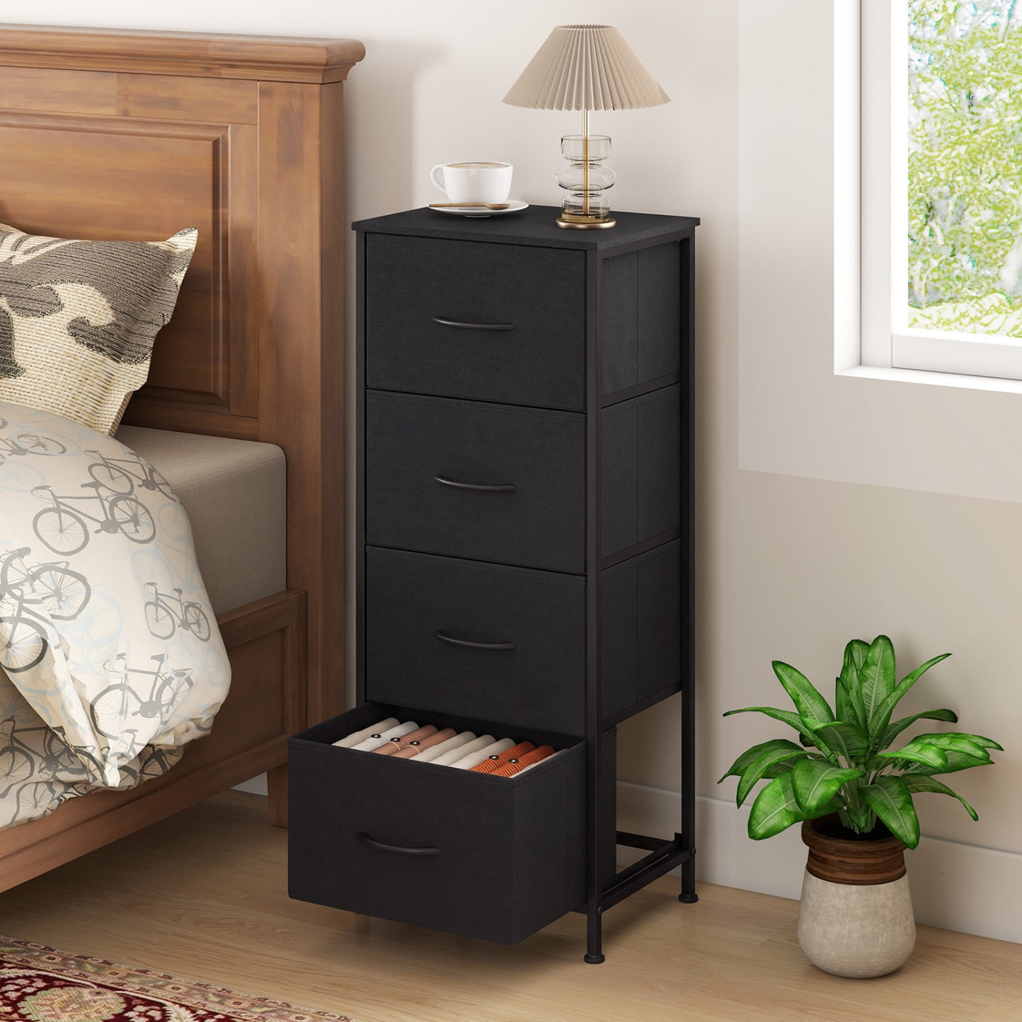 Dresser Nightstand with 4 Roomy Fabric Drawers and Metal Frame-Black