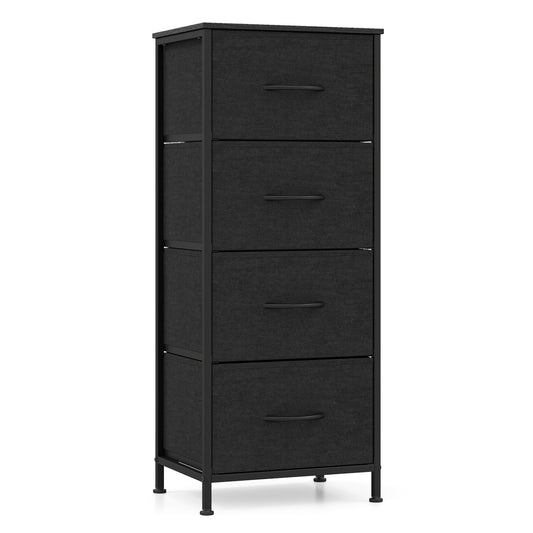 Black dresser nightstand with metal frame and four spacious fabric drawers, stylish bedroom furniture by Wilsons Home Store.