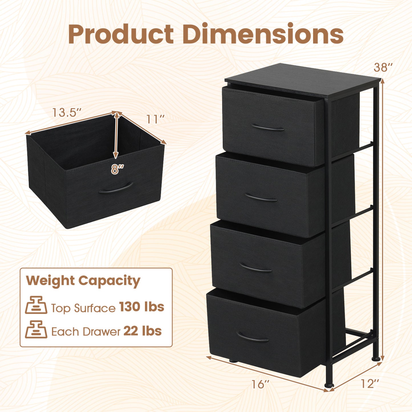 Dresser Nightstand with 4 Roomy Fabric Drawers and Metal Frame-Black