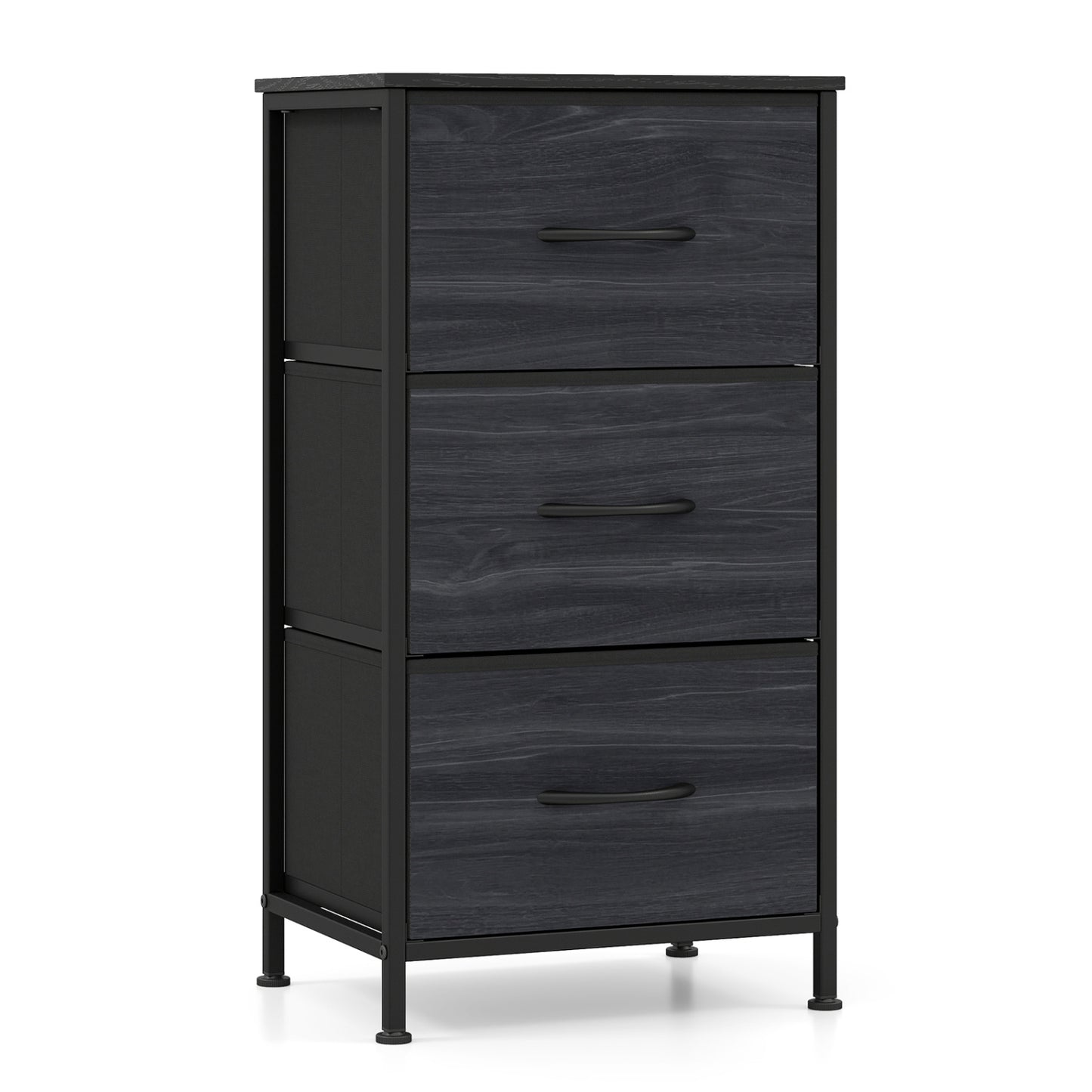 Dresser Nightstand with Roomy Fabric Drawers for Bedroom Storage Cabinet with Metal Frame-Dark Black