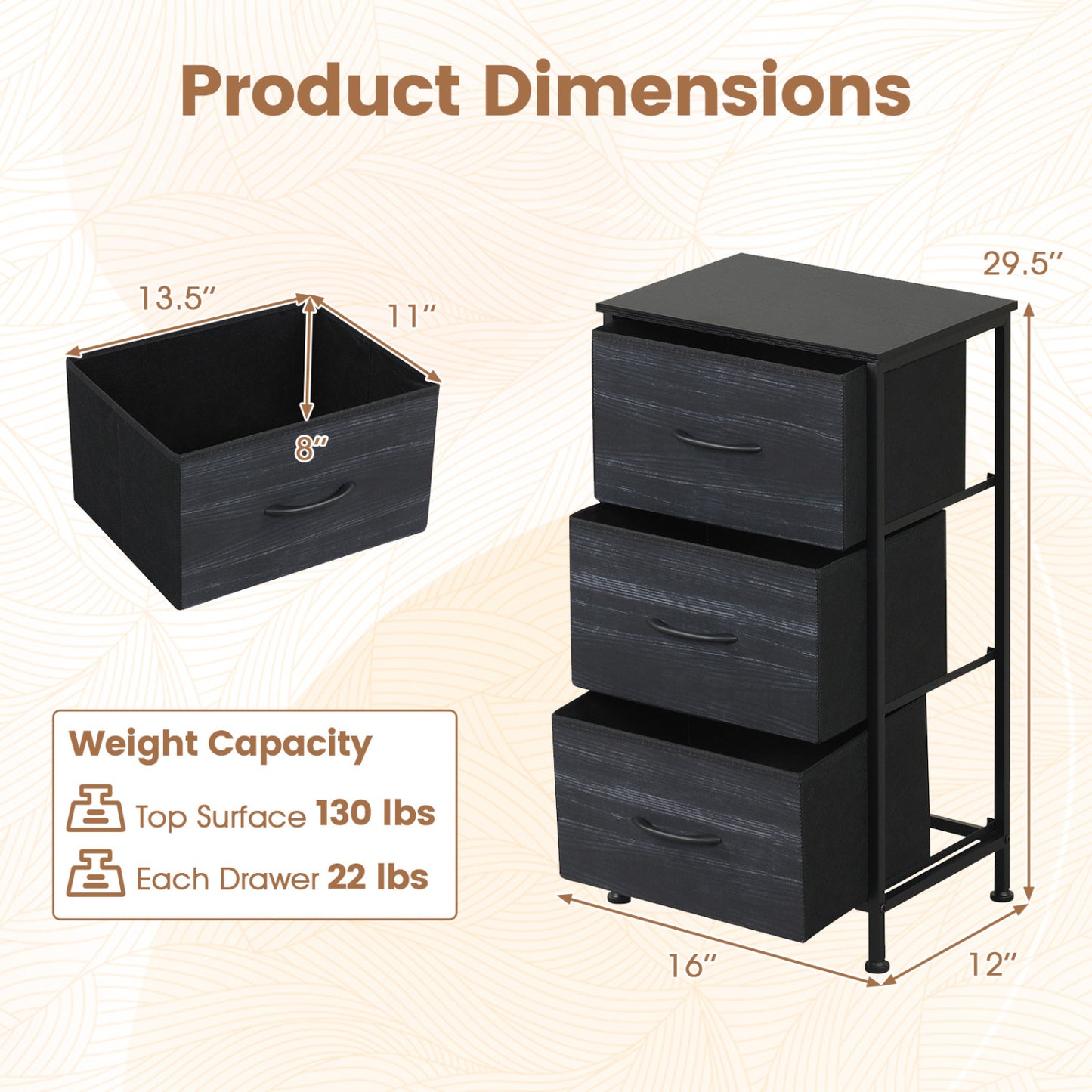 Dresser Nightstand with Roomy Fabric Drawers for Bedroom Storage Cabinet with Metal Frame-Dark Black