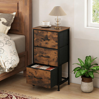 Dresser Nightstand with Roomy Fabric Drawers for Bedroom Storage Cabinet with Metal Frame-Dark Black