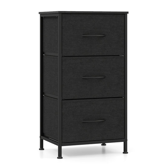 Dark black dresser nightstand with metal frame and fabric drawers, bedroom storage cabinet with spacious compartments.