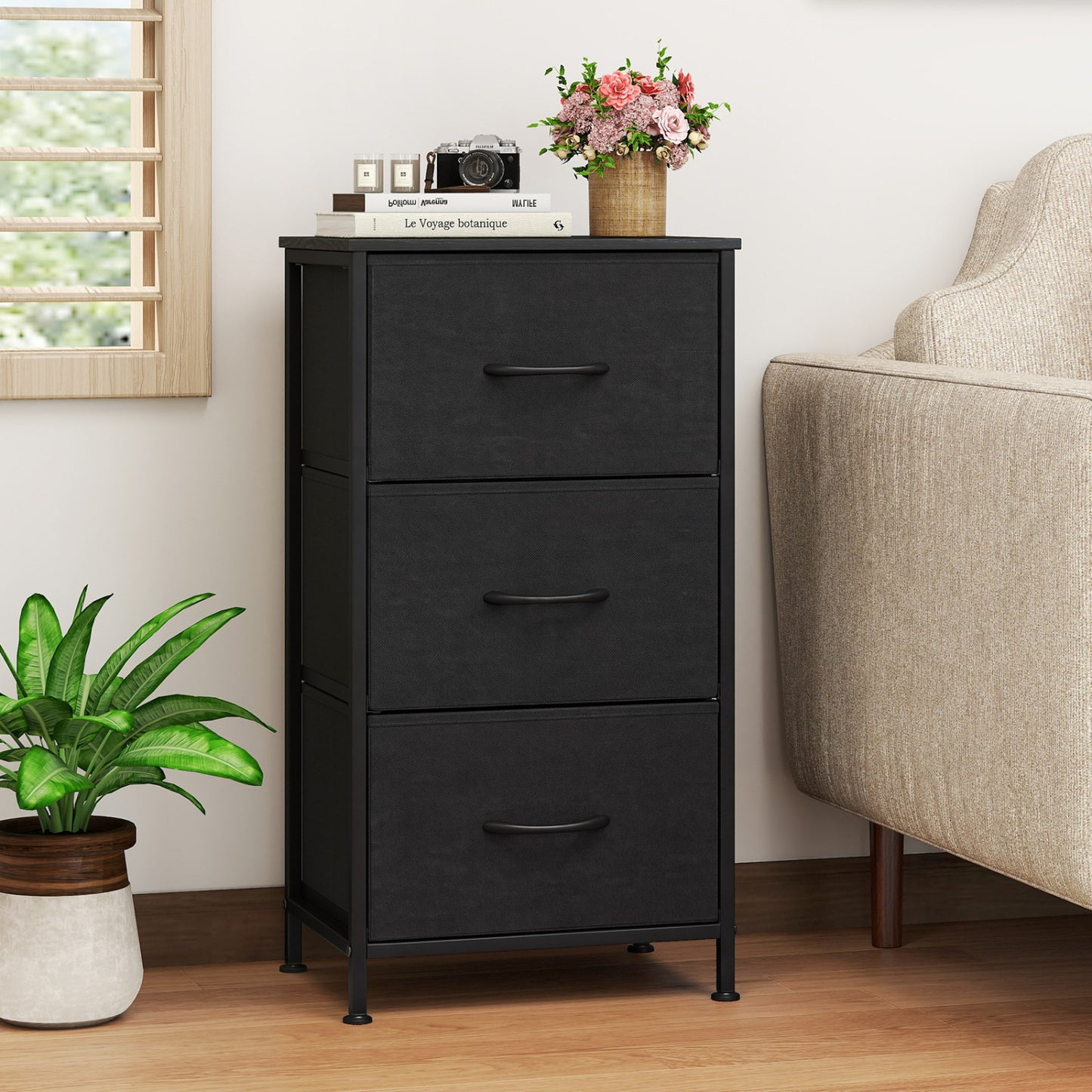 Dresser Nightstand with Roomy Fabric Drawers for Bedroom Storage Cabinet with Metal Frame-Dark Black