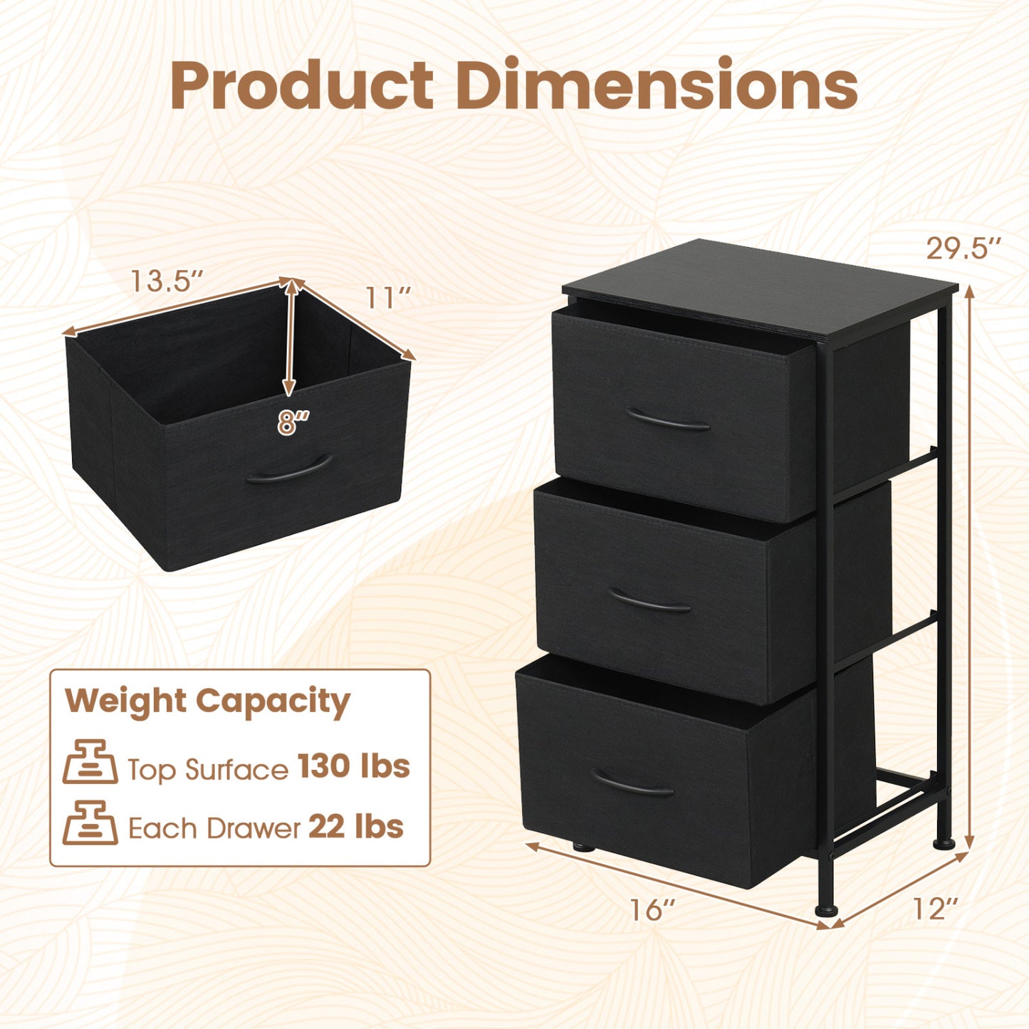 Dresser Nightstand with Roomy Fabric Drawers for Bedroom Storage Cabinet with Metal Frame-Dark Black