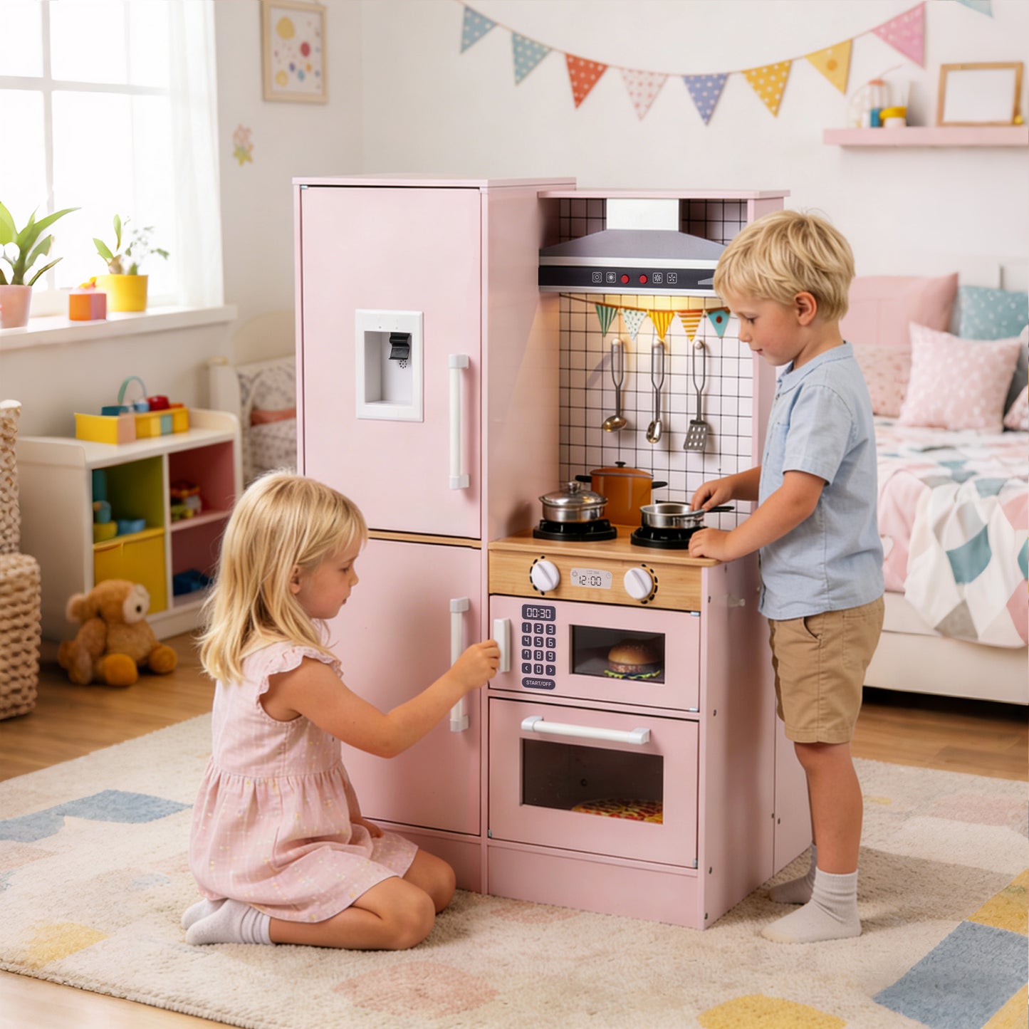 Dual-Sided Kids Play Kitchen with Water Dispenser and Range Hood for 3+ Years Old-Pink