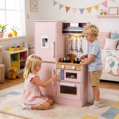 Dual-Sided Kids Play Kitchen with Water Dispenser and Range Hood for 3+ Years Old-Pink