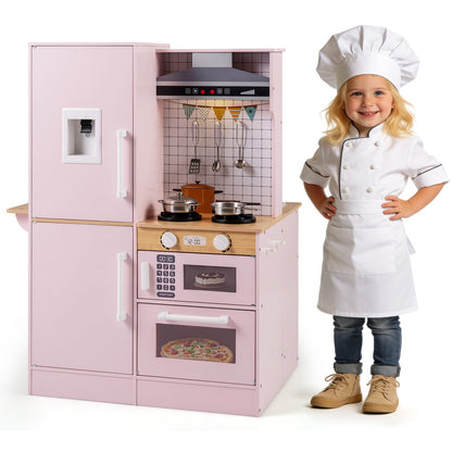 Dual-Sided Kids Play Kitchen with Water Dispenser and Range Hood for 3+ Years Old-Pink