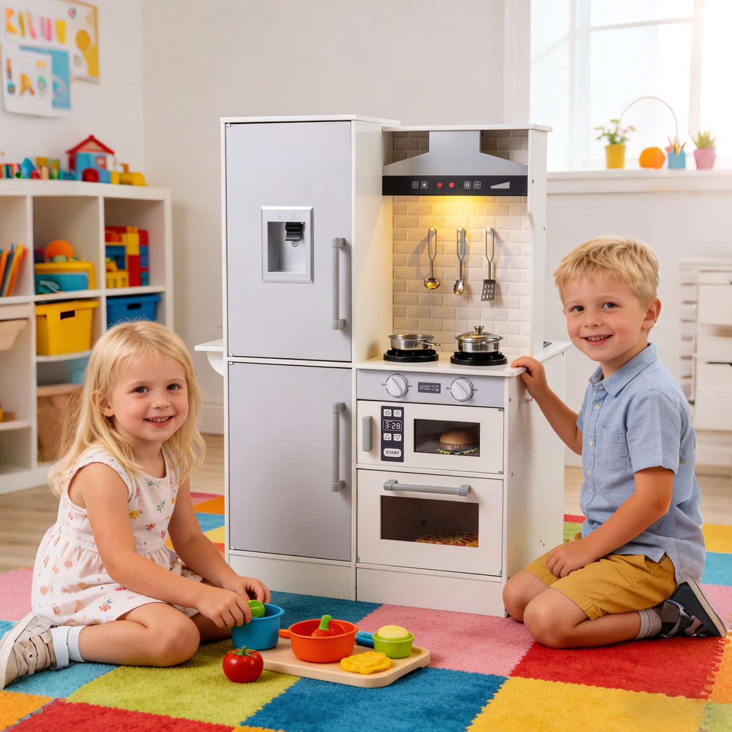 Dual-Sided Kids Play Kitchen with Water Dispenser and Range Hood for 3+ Years Old-Pink