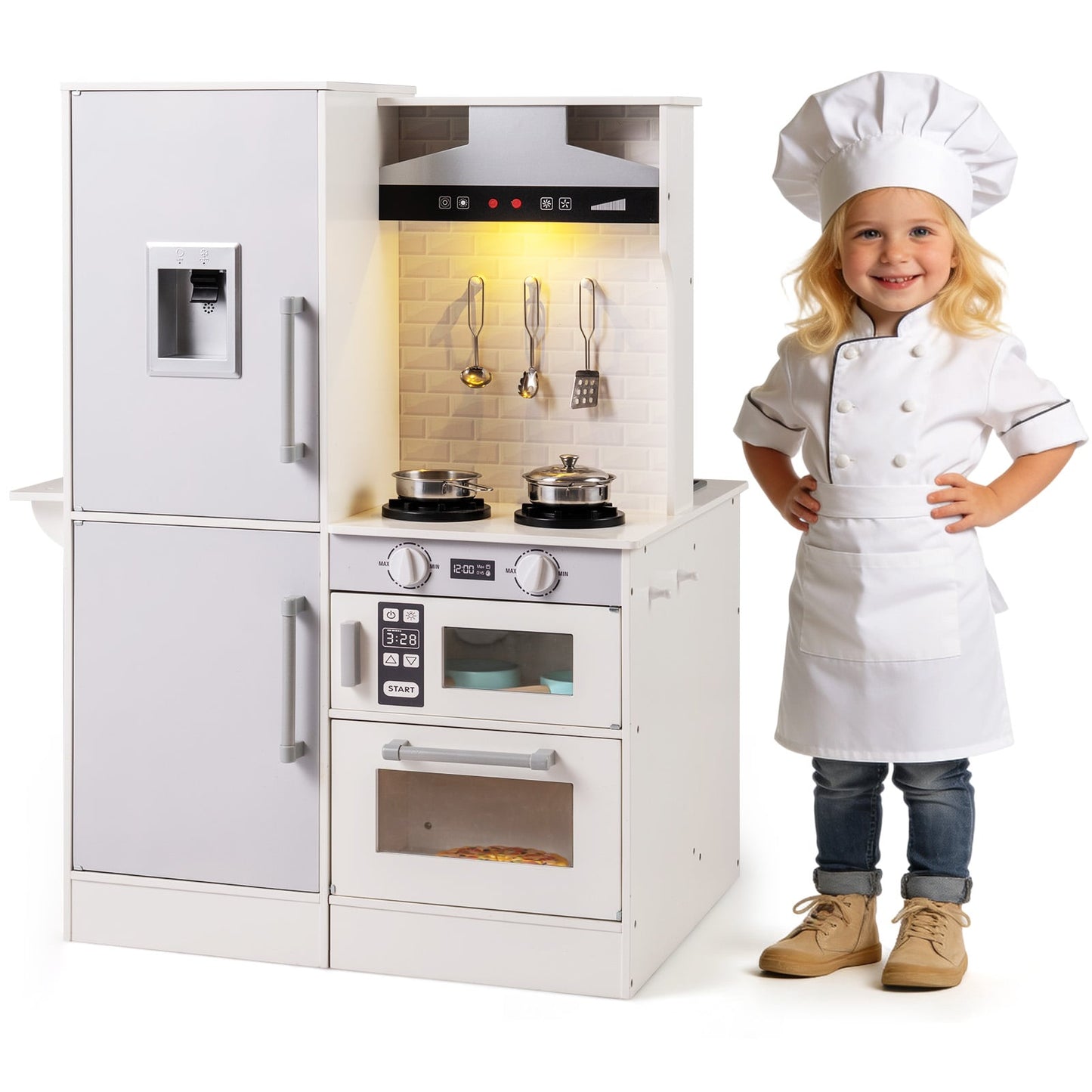 Dual-Sided Kids Play Kitchen with Water Dispenser and Range Hood for 3+ Years Old-Pink