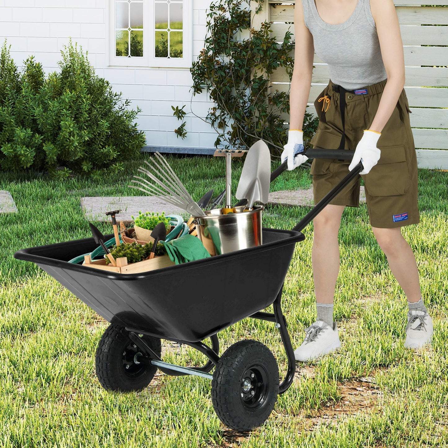 Dual-Wheel Wheelbarrow Garden Utility Cart with Pneumatic Tires-Black Color
