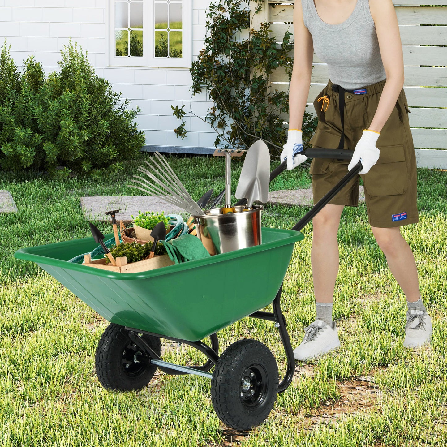 Dual-Wheel Wheelbarrow Garden Utility Cart with Pneumatic Tires-Black Color