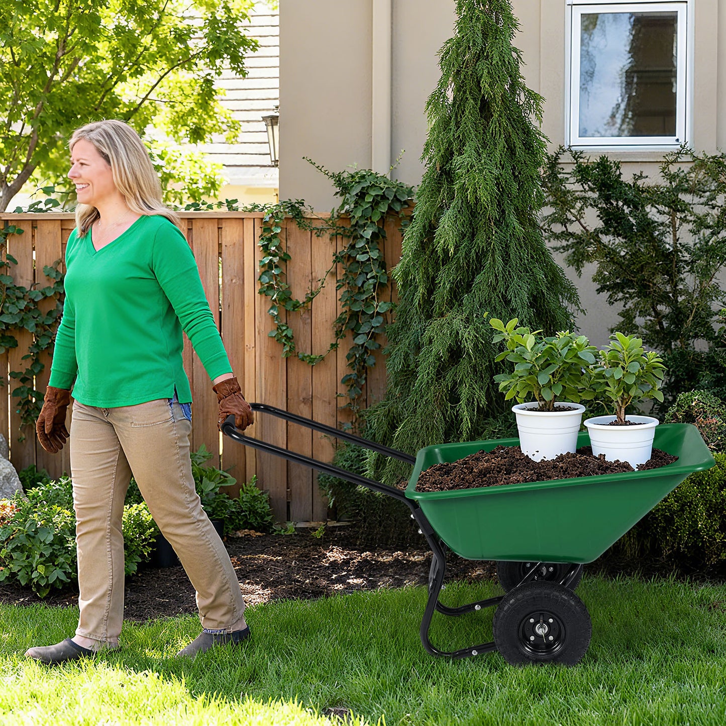 Dual-Wheel Wheelbarrow Garden Utility Cart with Pneumatic Tires-Black Color
