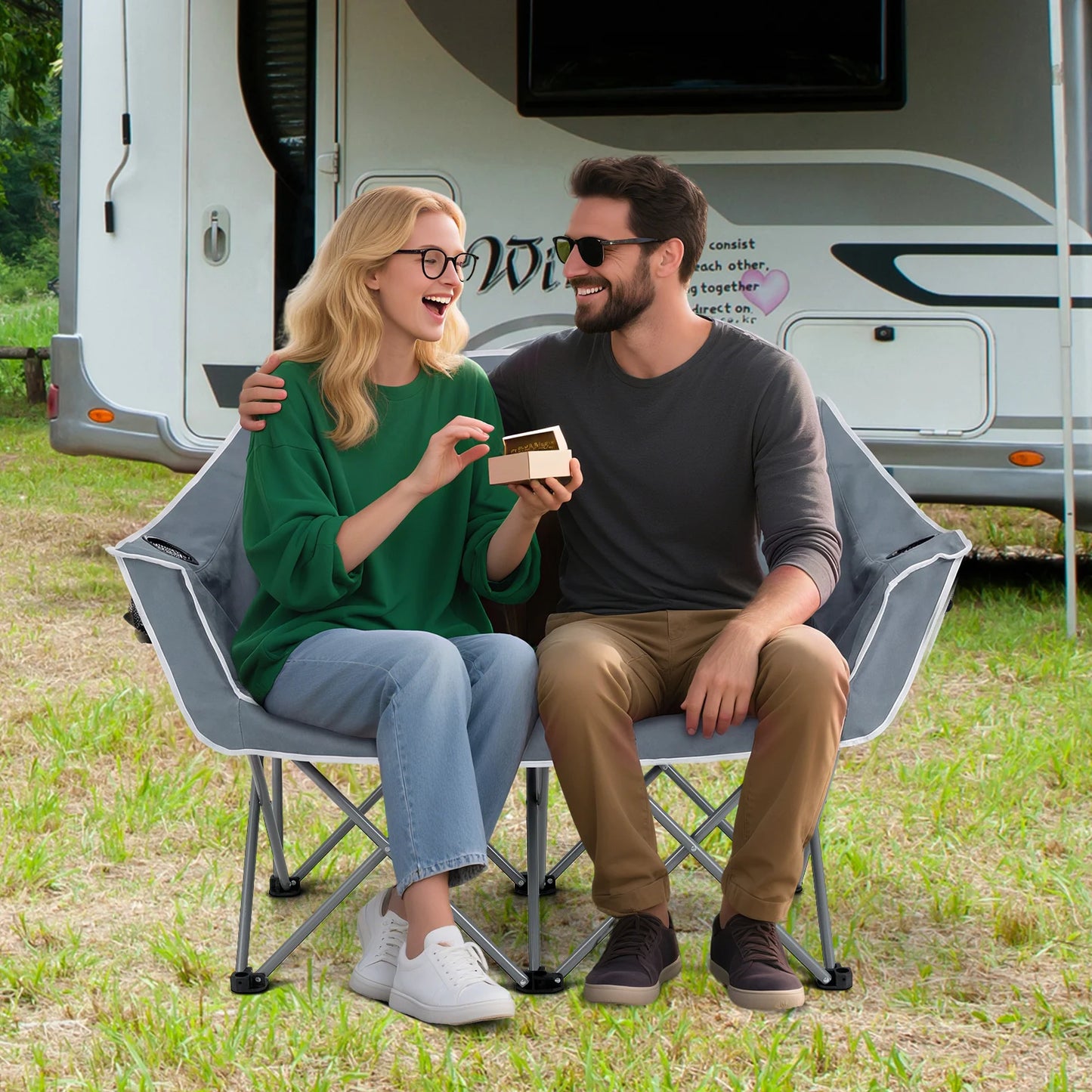 Duo Camping Chair Portable Oversized Loveseat with Armrests and Cup Holders-Blue