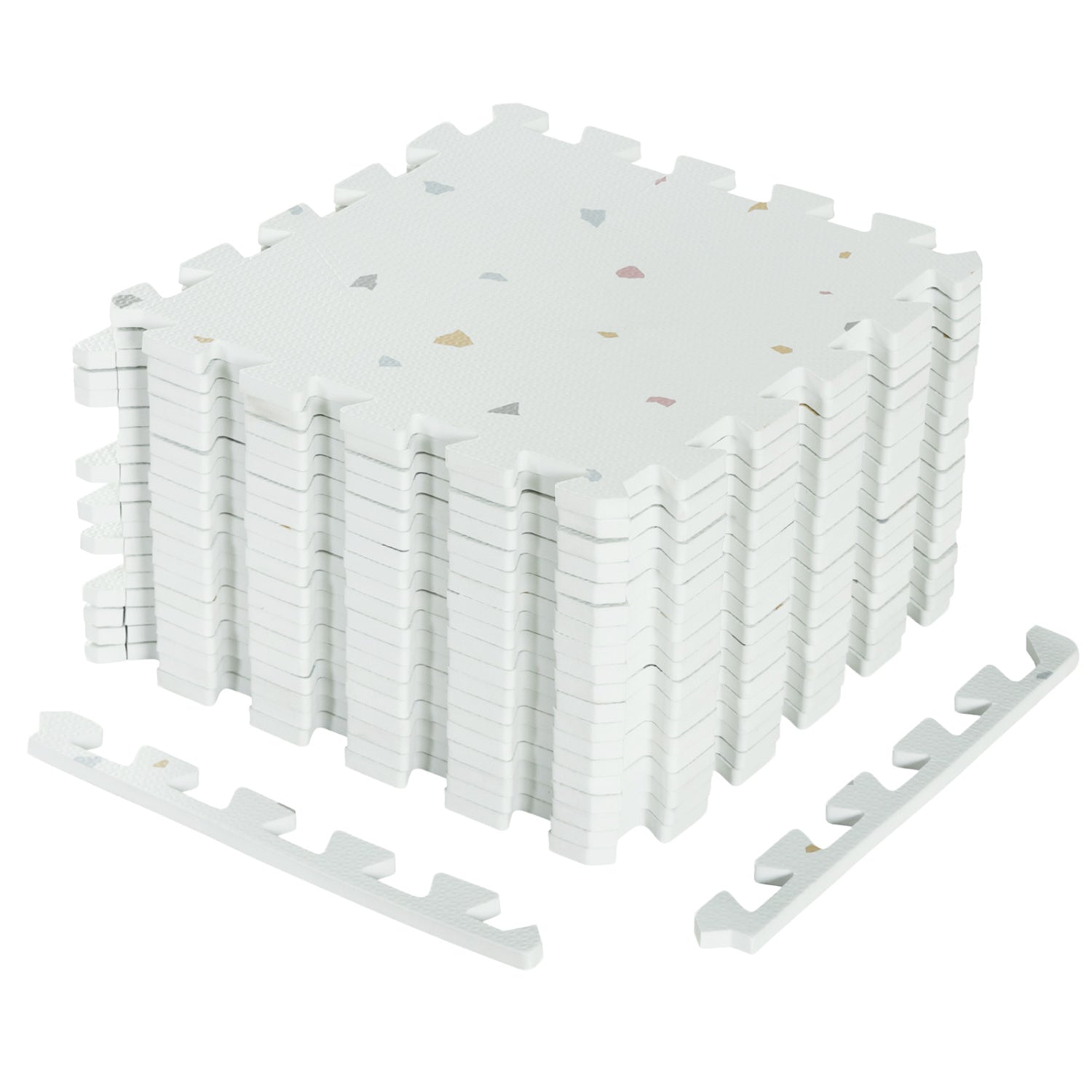 Light gray EVA interlocking foam floor tiles for home decor and joint protection, shown connected in a room setting.