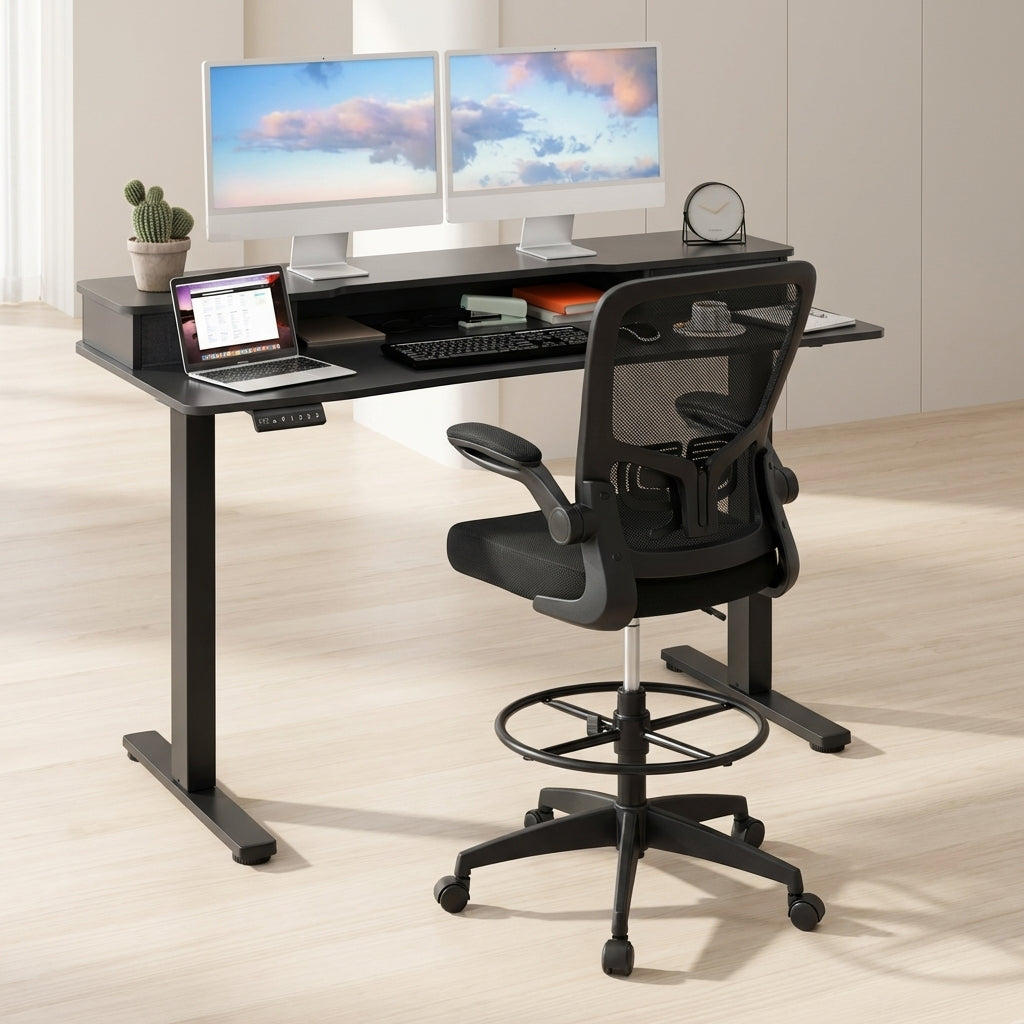 Electric Height Adjustable Standing Desk and Drafting Chair Set with Storage Drawers
