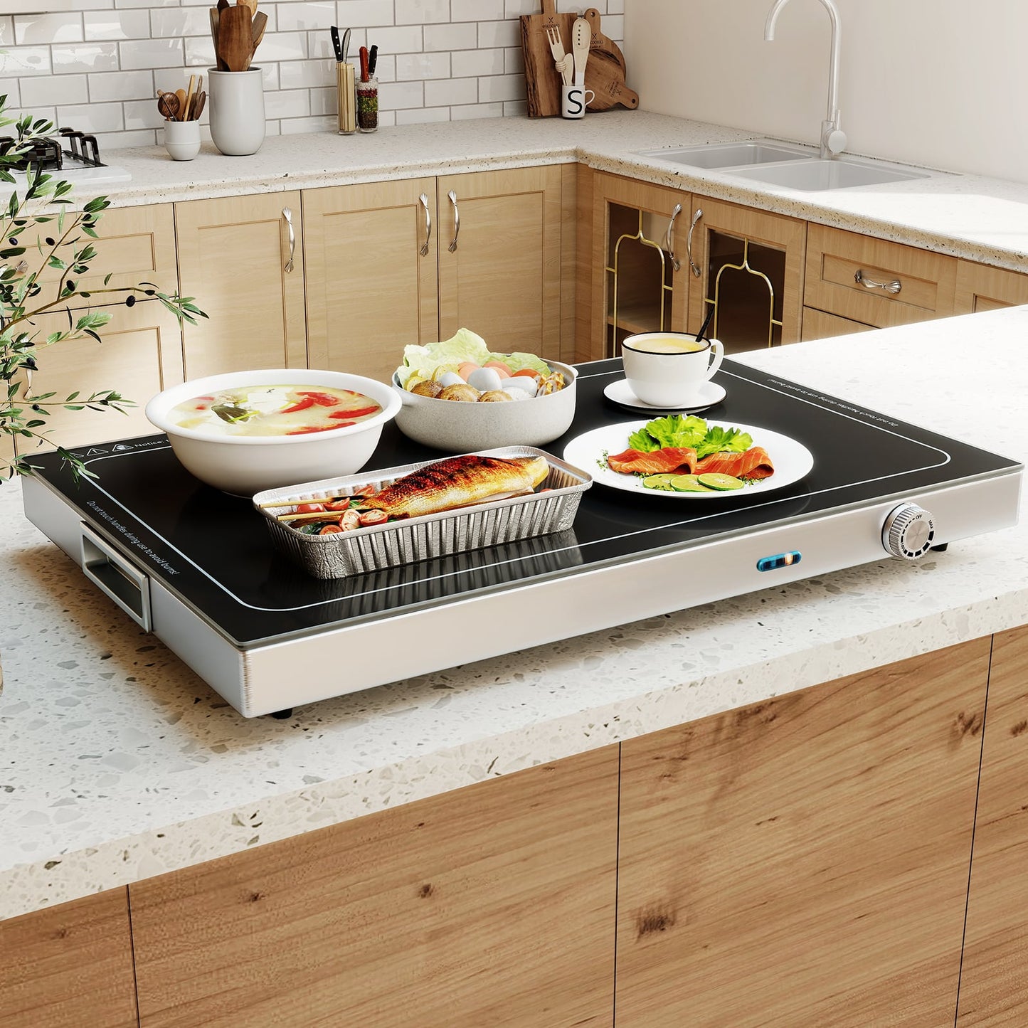 Electric Warming Tray with Adjustable Temperature and Built-In Handles Tempered Glass