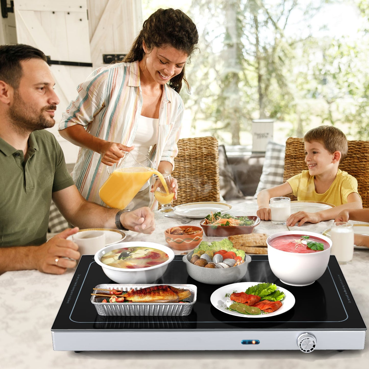 Electric Warming Tray with Adjustable Temperature and Built-In Handles Tempered Glass