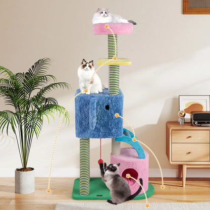 Elephant Themed Cat Tree for Adult Cats Multi-level Kitty Tower with 2 Condos-Blue