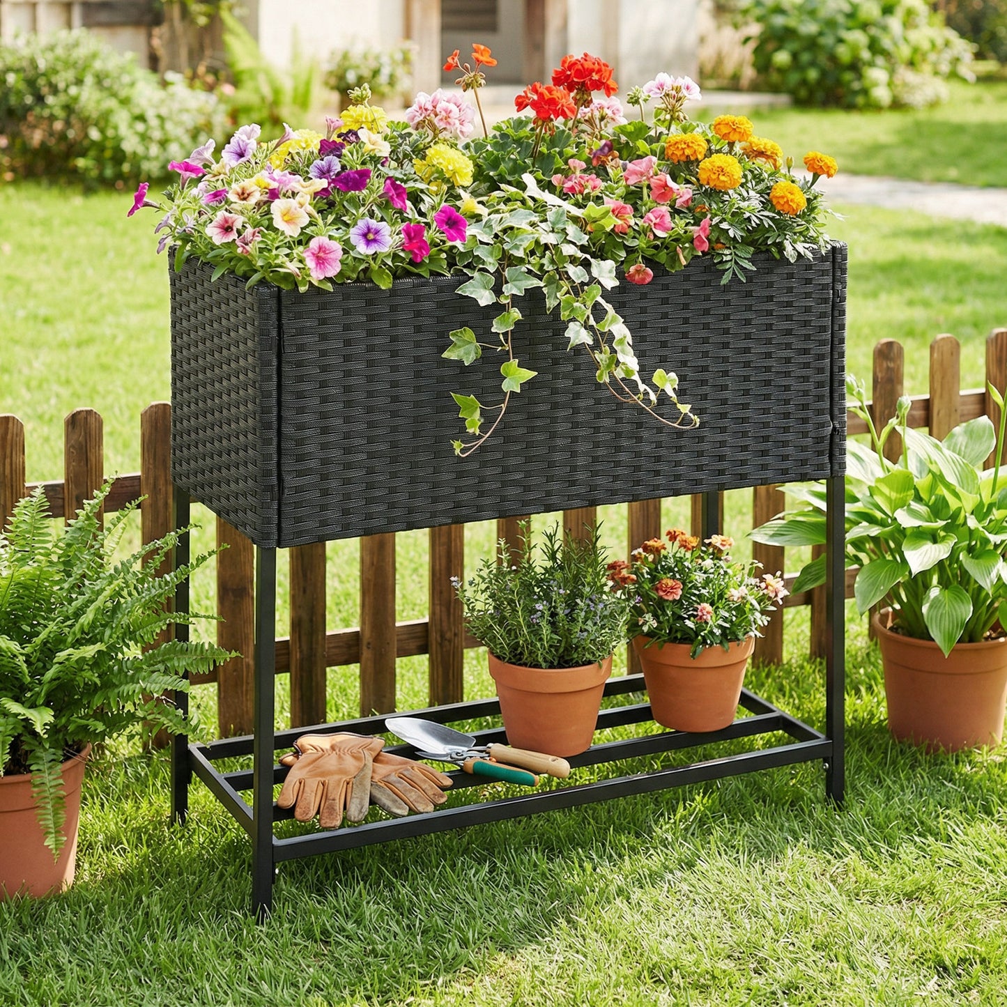 Black elevated garden planter with rattan finish bottom shelf, outdoor raised garden bed for stylish planting.