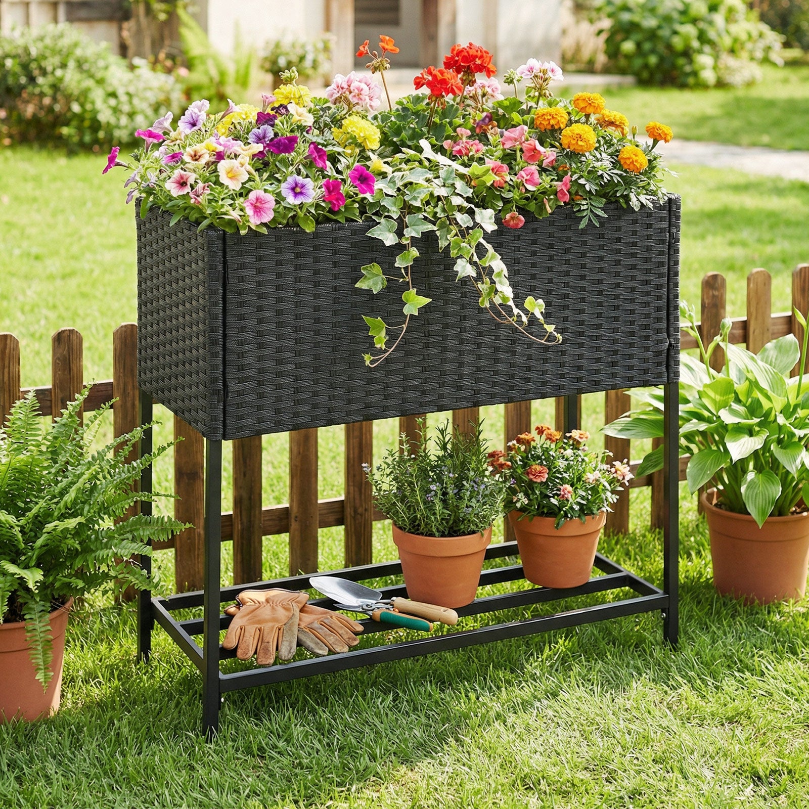 Black elevated garden planter with rattan finish bottom shelf, outdoor raised garden bed for stylish planting.