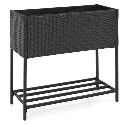 Black elevated garden planter with rattan finish bottom shelf, outdoor raised garden bed by Wilsons Home Store.