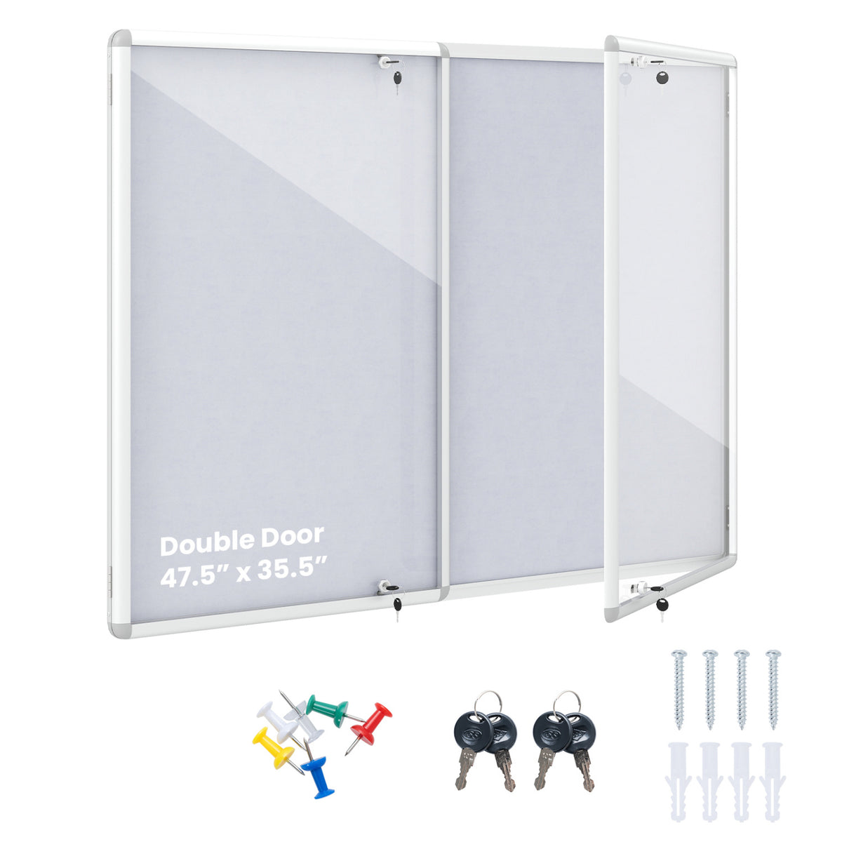 Lockable cork notice board with silver aluminum frame, ideal for home office use, featuring an enclosed design for secure display.