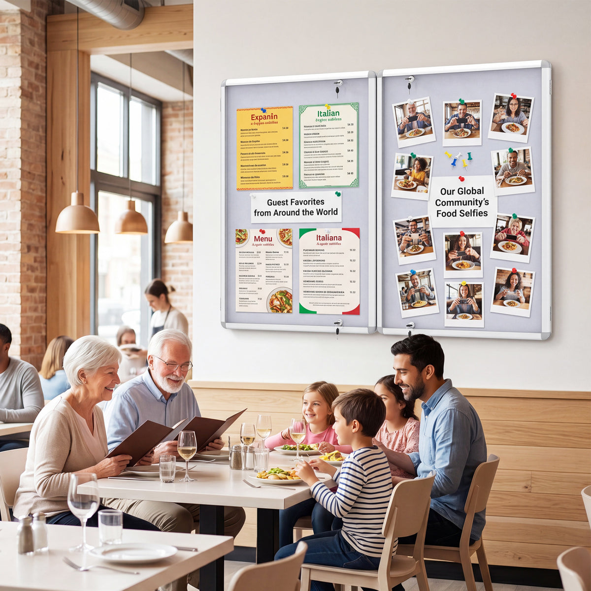 Lockable silver cork bulletin board with aluminum frame, enclosed notice board for home office use.