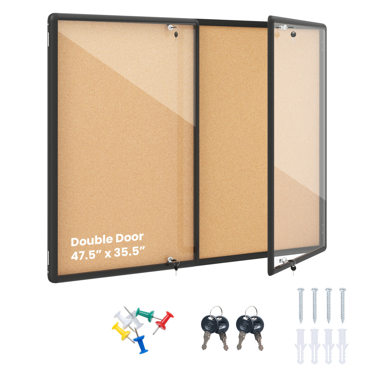 Black enclosed bulletin board with aluminum frame and felt surface, ideal for office or home workspace organization.