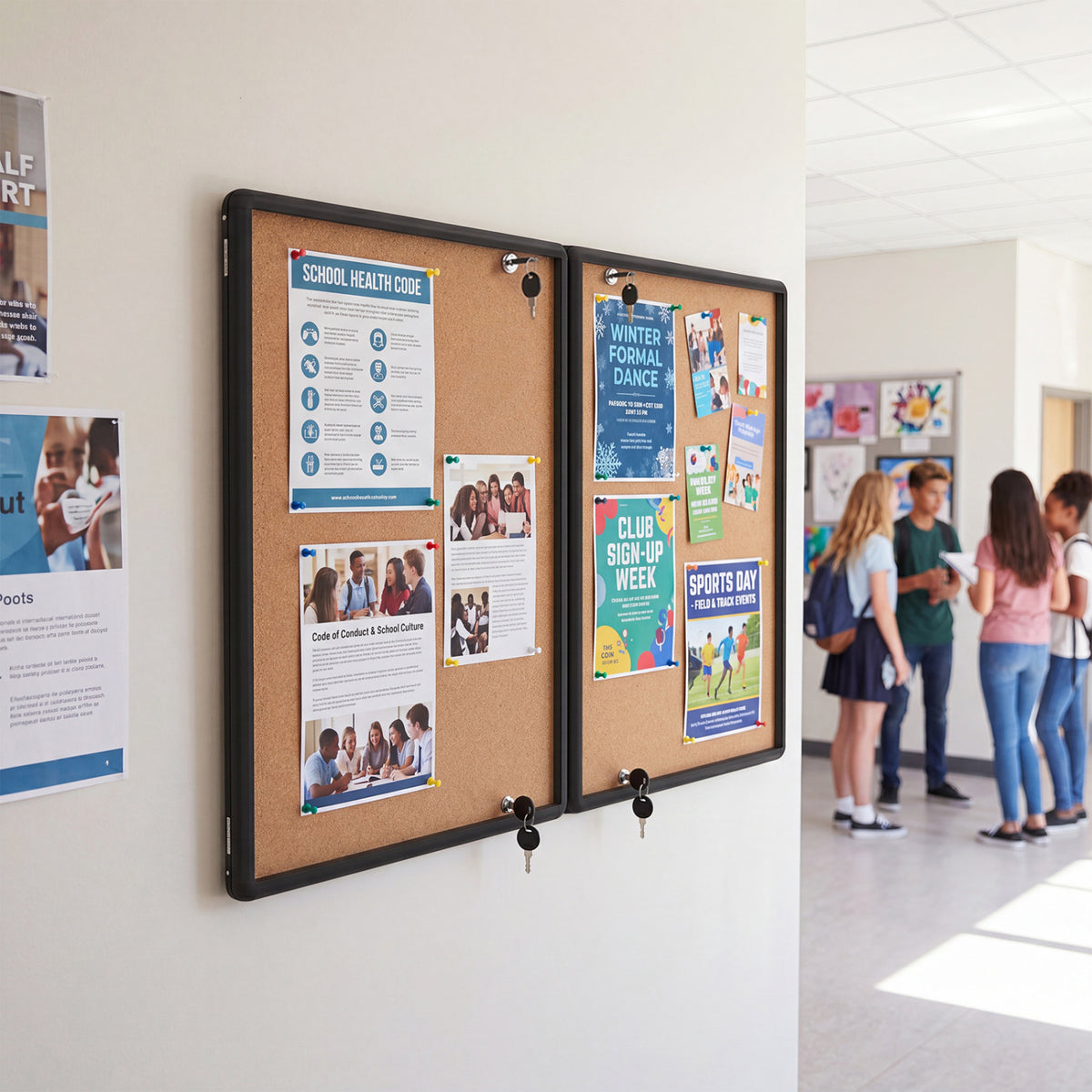 Black enclosed bulletin board with aluminum frame and felt surface, ideal for office or home office wall display.