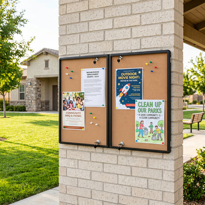 Black enclosed bulletin board with aluminum frame and felt surface, ideal for office or home workspace.
