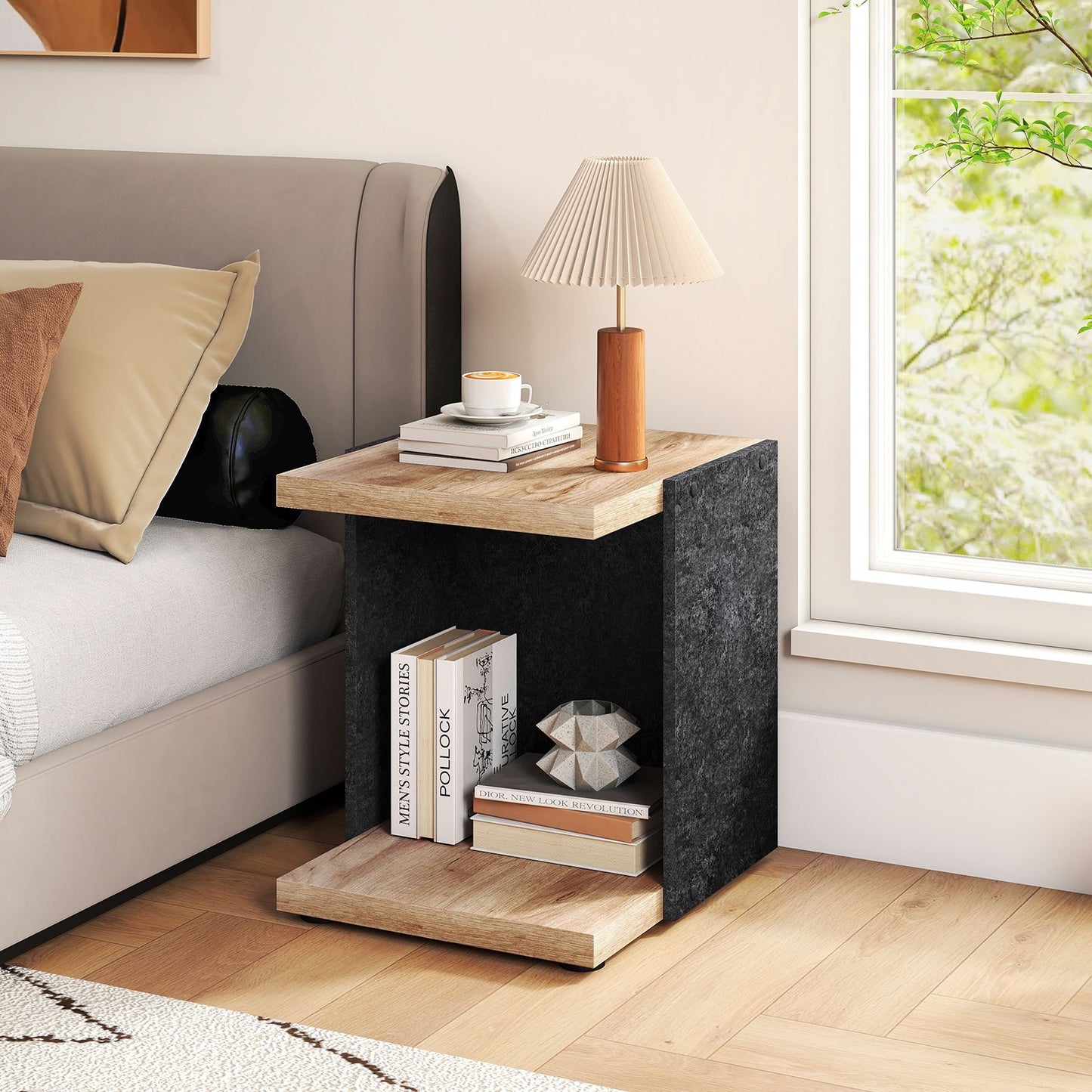 End Table 2-Tier Sofa Side Table with Open Storage Shelf-Oak
