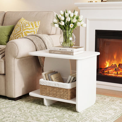 End Table 2-Tier Sofa Side Table with Storage Shelf for Small Space-White