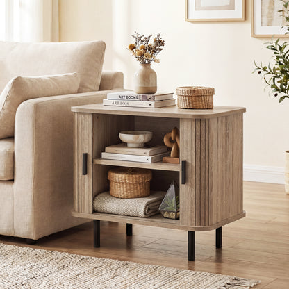 End Table Modern Mid Century Nightstand with Sliding Tambour Doors and Storage Shelf-Black